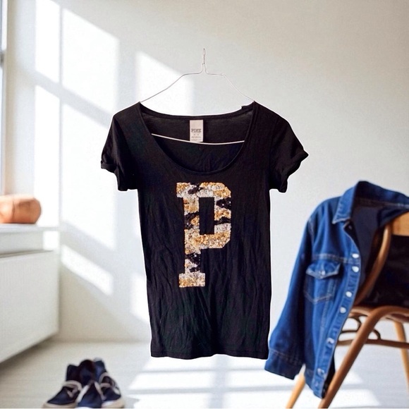 PINK Victoria's Secret Black Sequin T-Shirt leopard print sequins mcbling y2k - Picture 2 of 9